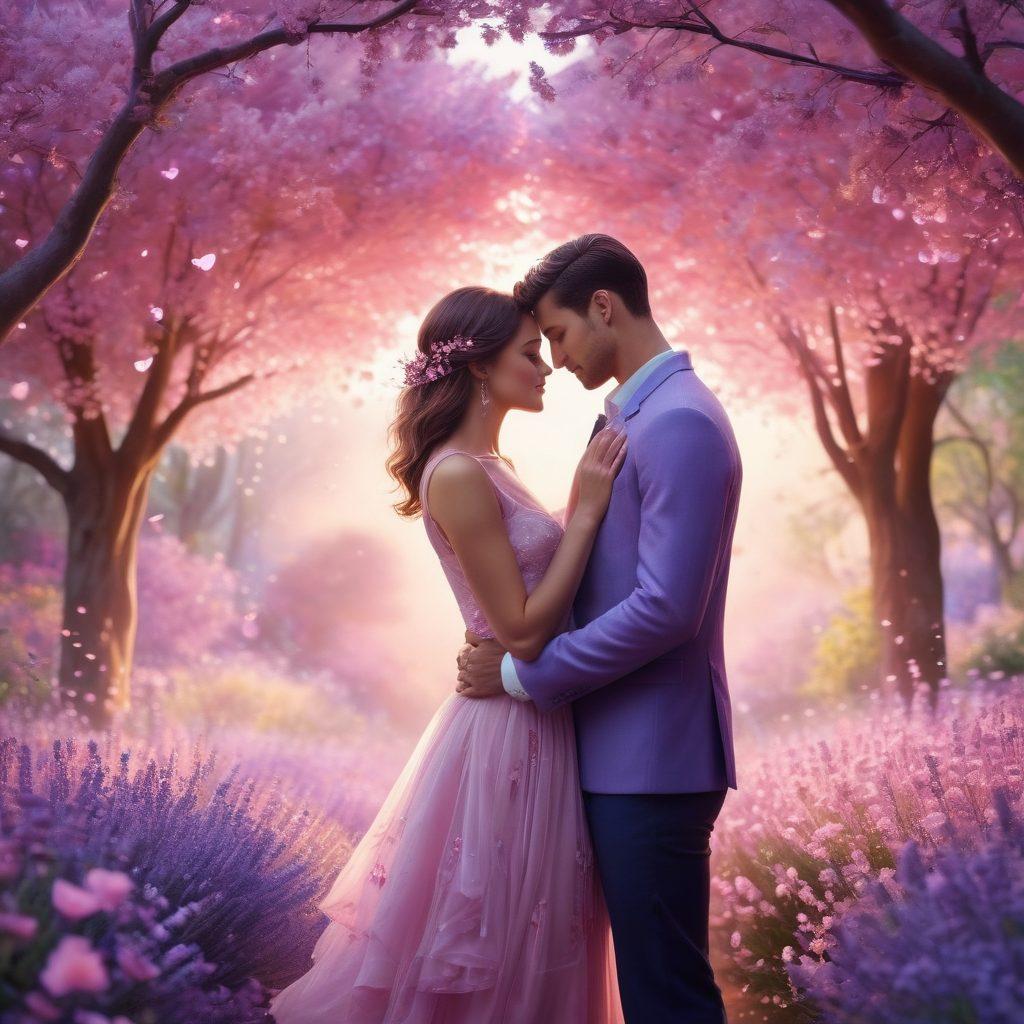 A romantic scene capturing a couple sharing an intimate moment, surrounded by soft pink and lavender hues. The background features a blossoming garden with gentle petals falling like confetti around them, symbolizing the transition from fondness to deep connection. The couple is engaged in a loving gaze, with heart shapes subtly integrated into the scenery. The overall mood is warm and inviting, emphasizing passionate connections. vibrant colors. 3D. dreamy aesthetic.