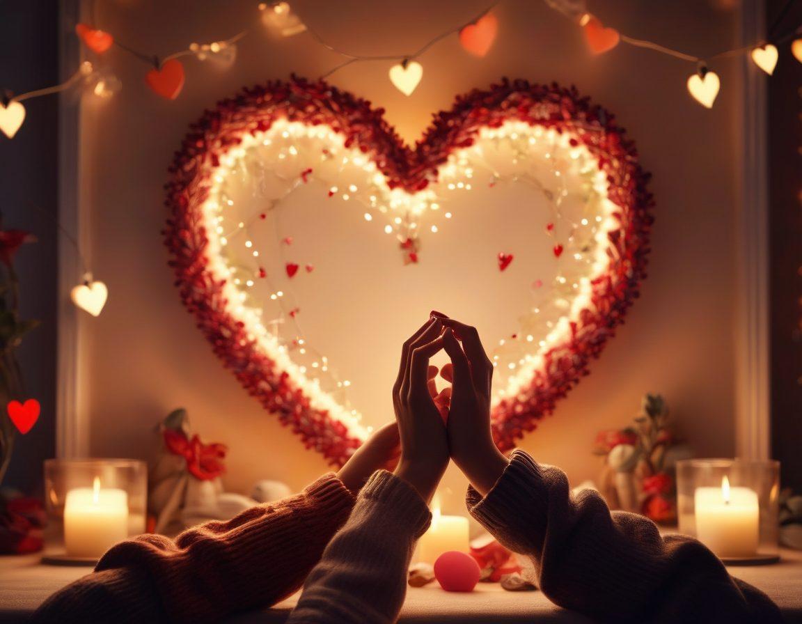 A warm, cozy scene of two people sharing a moment, surrounded by soft lighting and intimate decorations, with symbols of love like hearts and intertwined hands forming a subtle backdrop. The atmosphere should evoke feelings of devotion and connection, with vibrant colors enhancing the emotional warmth of the scene. super-realistic. soft focus. warm tones.