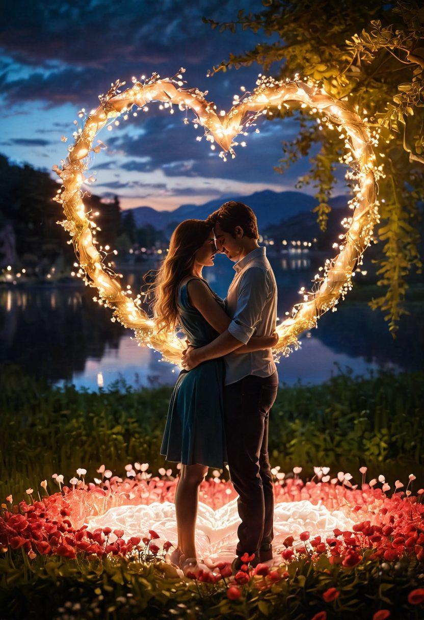 A tender scene depicting a couple intertwined in an embrace, surrounded by floating heart shapes and glowing soft lights, symbolizing deep emotional connection. In the background, a serene landscape with blooming flowers representing growth in love. The couple's expressions radiate warmth and devotion, capturing the essence of lasting bonds. vibrant colors. soft focus. dreamlike atmosphere.